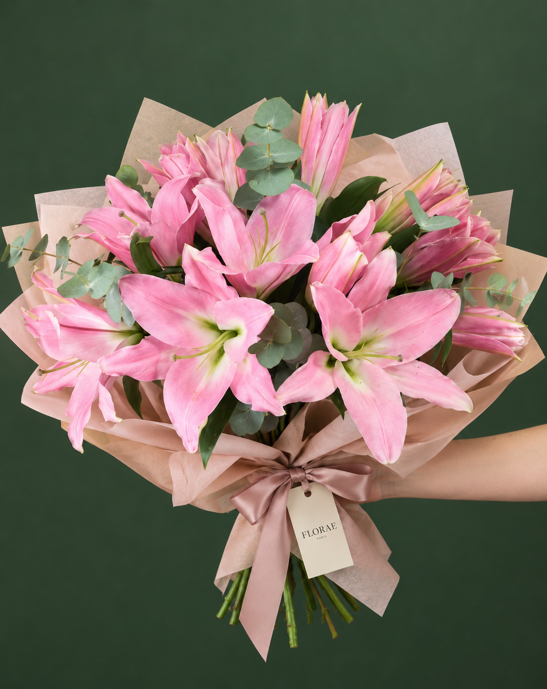 Ballet de Lys — Lys roses et eucalyptus. Bouquet Florae sur fond vert.