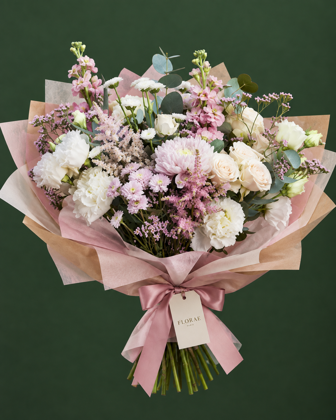 Brume de Rosée — Roses crème, lisianthus blancs, fleurs roses élancées, astilbes, chrysanthèmes et eucalyptus. Bouquet Florae sur fond vert.