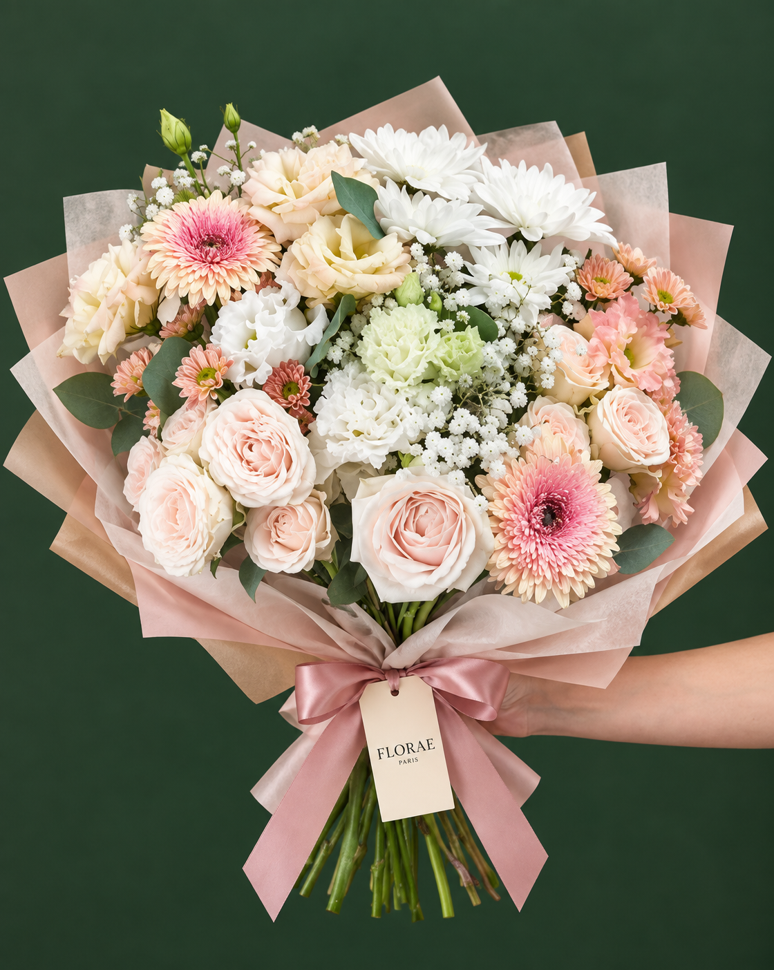 Caresse d’Ivoire — Roses crème et pêche, gerberas bicolores, lisianthus, chrysanthèmes, gypsophile et feuillage. Bouquet Florae sur fond vert.