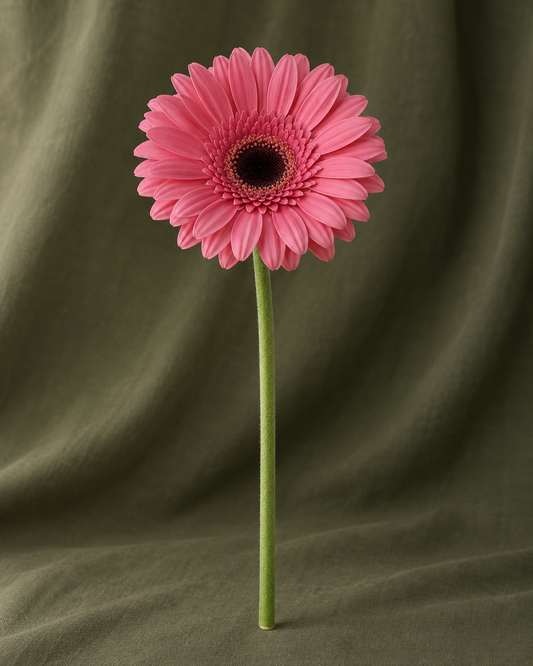 Gerbera rose à la tige sur drapé vert olive — visuel illustratif Florae
