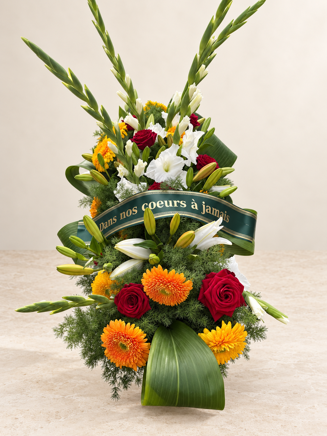 Hommage lumineux — Gerbe de deuil rouge, jaune et blanc