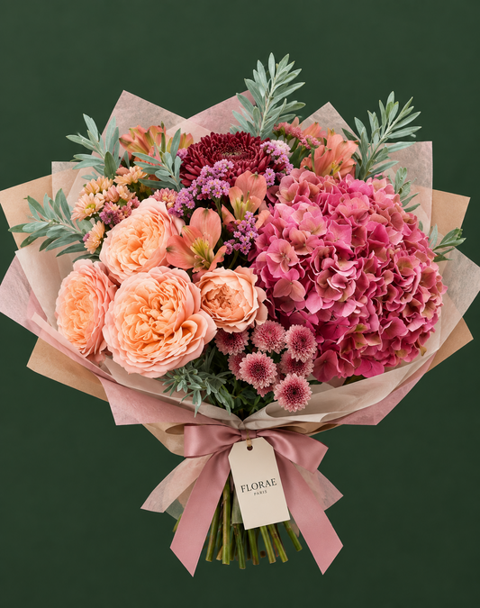 Sonate d’Automne — Roses pêche, hortensia rose framboise, alstroemerias, chrysanthèmes et feuillage argenté. Bouquet Florae sur fond vert.